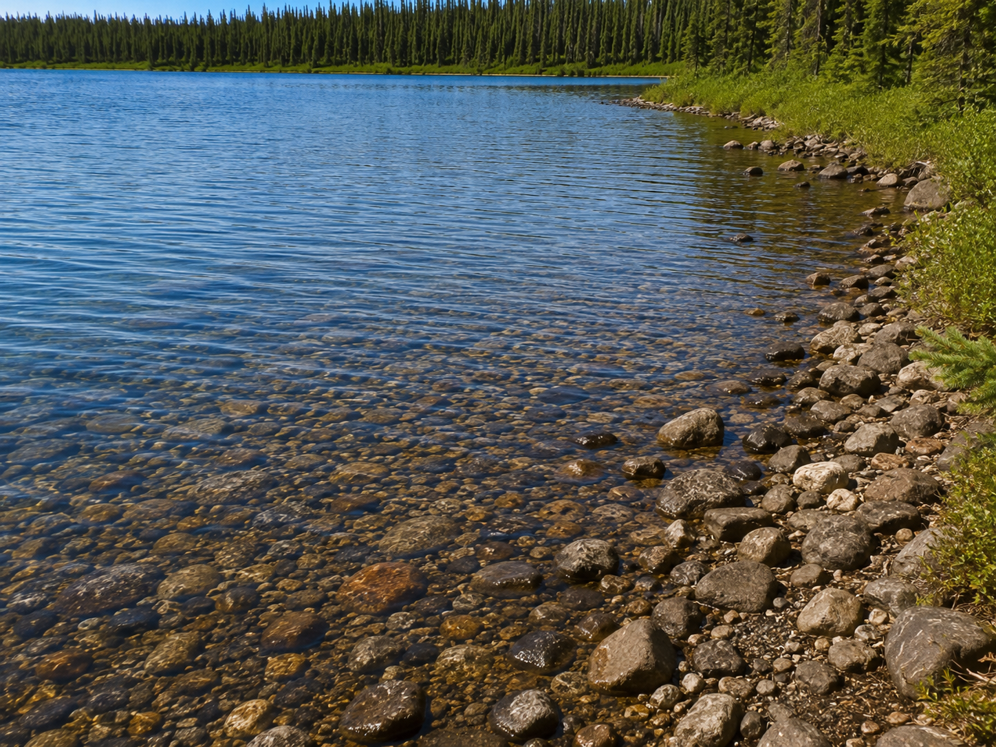 calm-lake-shore-with-clear-water-and-yukon-inns
